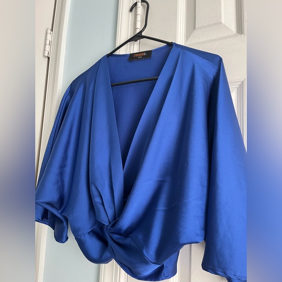 Renee C. Satin Twisted Crop Top in Blue, Size Medium - Picture 4 of 5